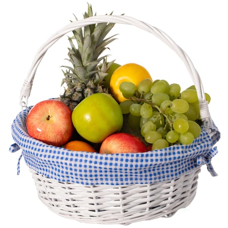 Wickerwise White Round Willow Gift Basket with Blue and White Gingham Liner and Sturdy Foldable Handles, Medium QI004620.BL.M